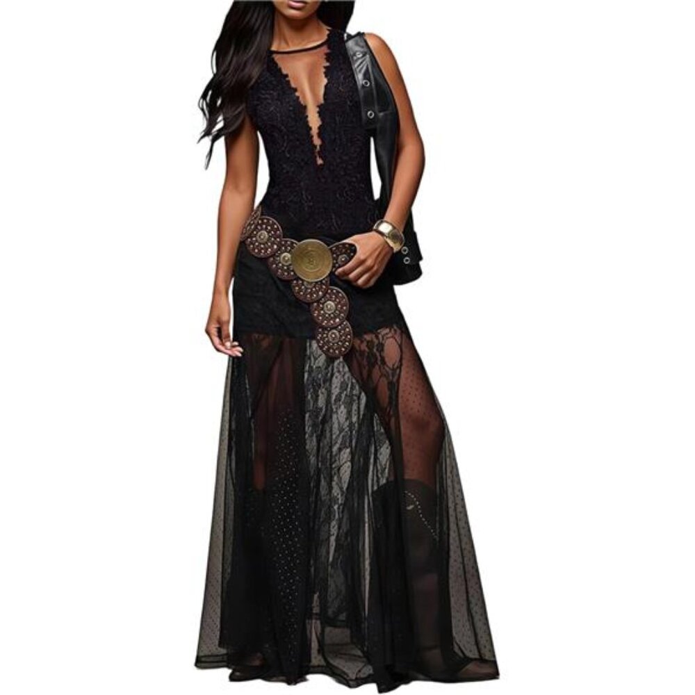 Women's Elegant Floral Lace Maxi Dress Sexy See Through V Neck Bodycon